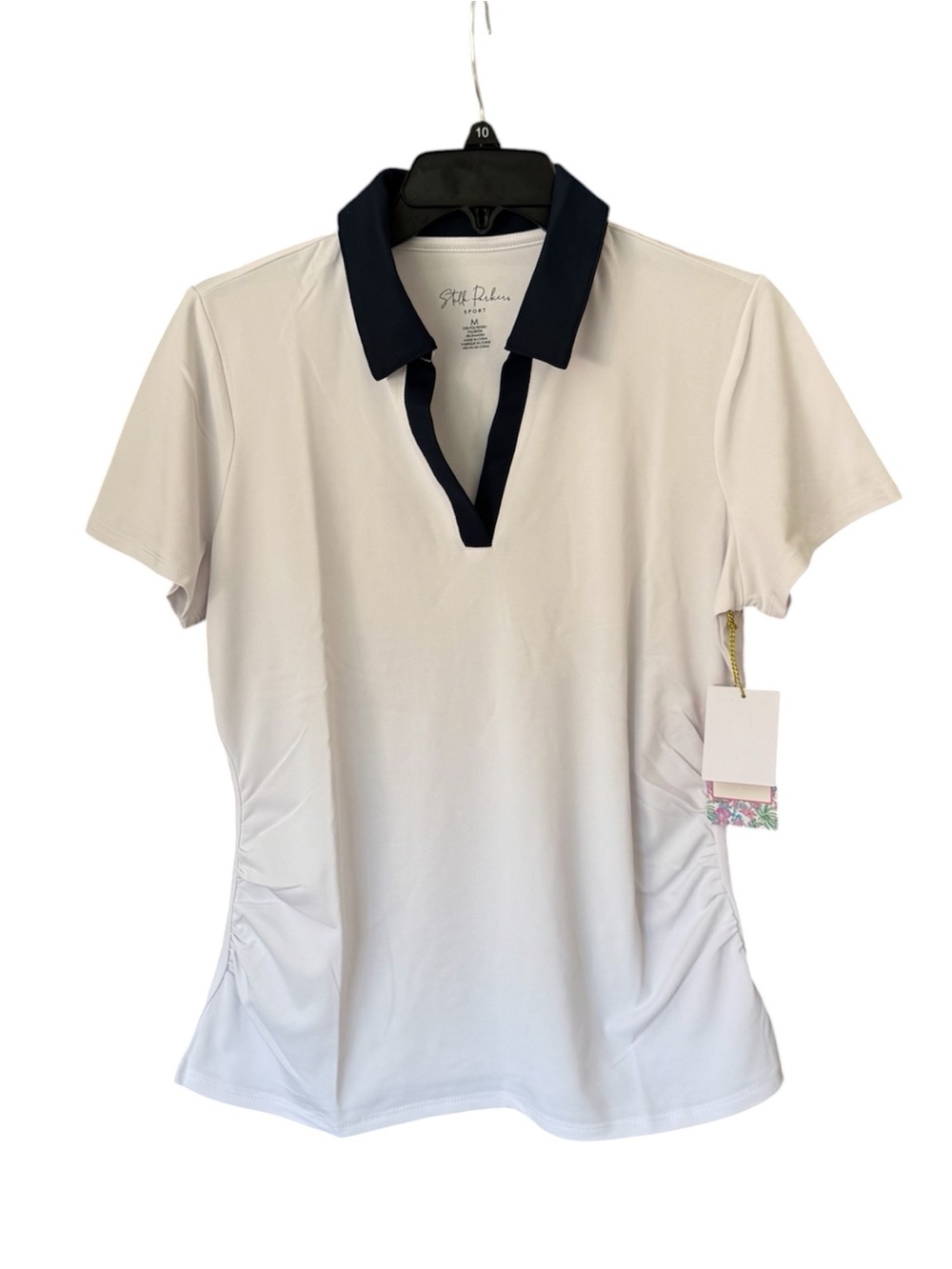 Stella Parker Ruched White Polo Top with Contrast Trim